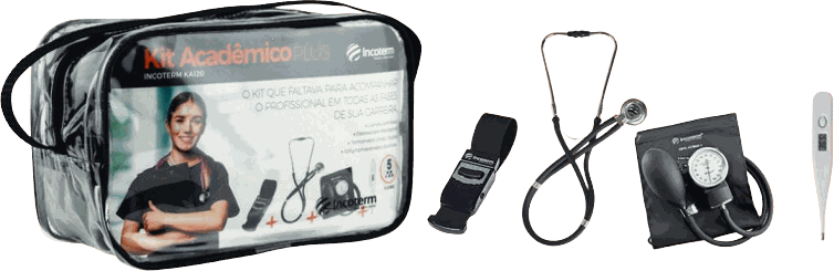Kit Acadêmico Plus Incoterm preto: estojo, garrote, estetoscópio Rappaport, aparelho de pressão e termômetro digital